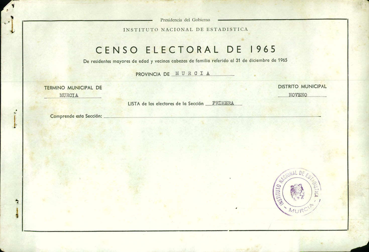 Censo electoral provincial de 1965: listas definitivas de Murcia, Distrito 9º, sección 1ª.